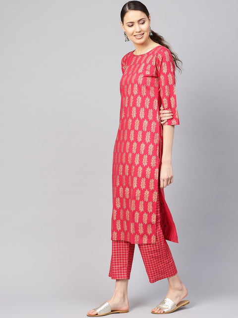 Women Red & Golden Printed Kurta with Trousers