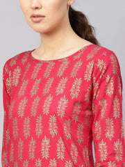 Women Red & Golden Printed Kurta with Trousers