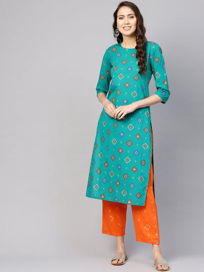 Women Green & Orange Printed Kurta with Palazzos