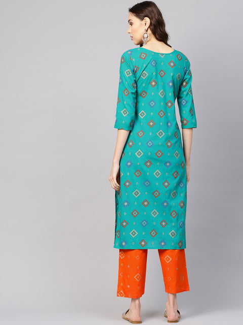 Women Green & Orange Printed Kurta with Palazzos