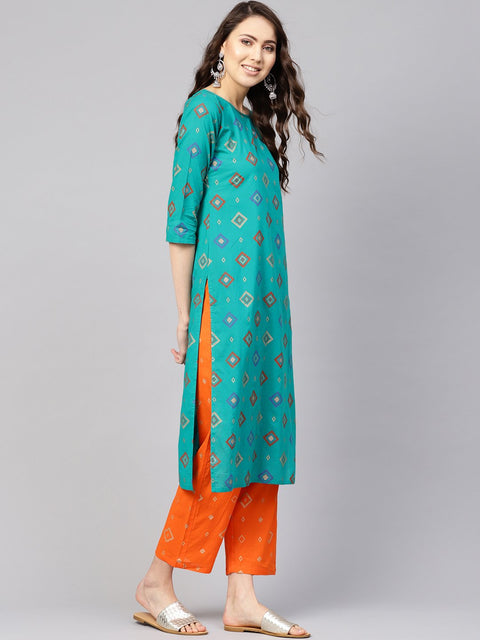 Women Green & Orange Printed Kurta with Palazzos