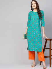Women Green & Orange Printed Kurta with Palazzos