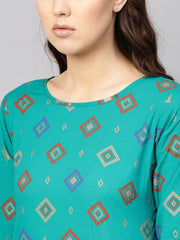 Women Green & Orange Printed Kurta with Palazzos