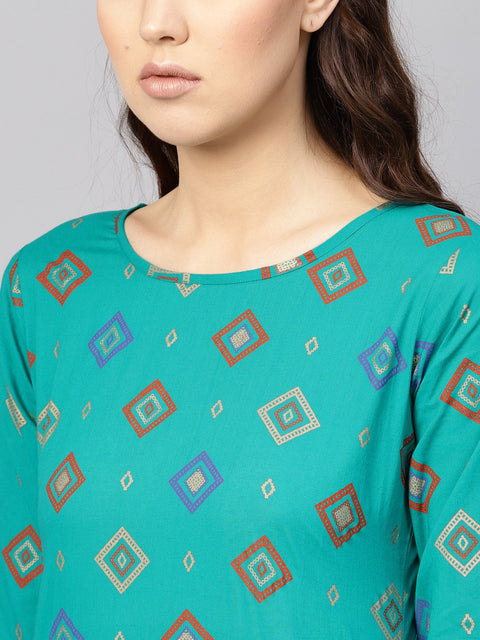 Women Green & Orange Printed Kurta with Palazzos