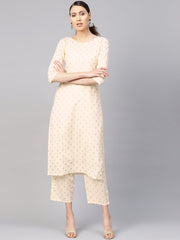 Women Cream-Coloured & Golden Printed Kurta with Trousers
