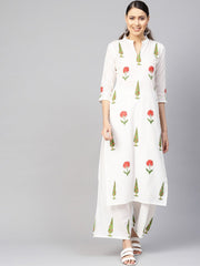 Women White & Green Printed Kurta with Palazzos
