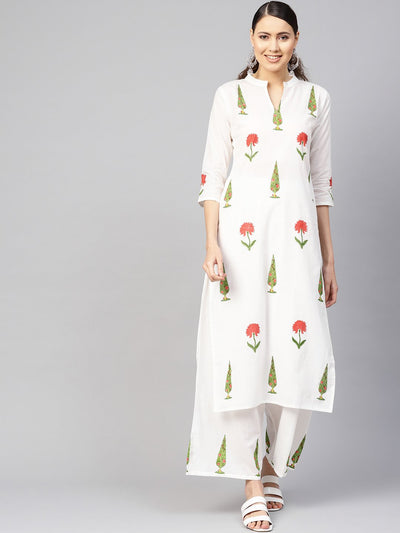 Women White & Green Printed Kurta with Palazzos