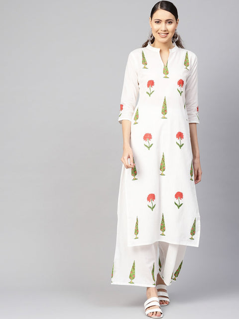 Women White & Green Printed Kurta with Palazzos
