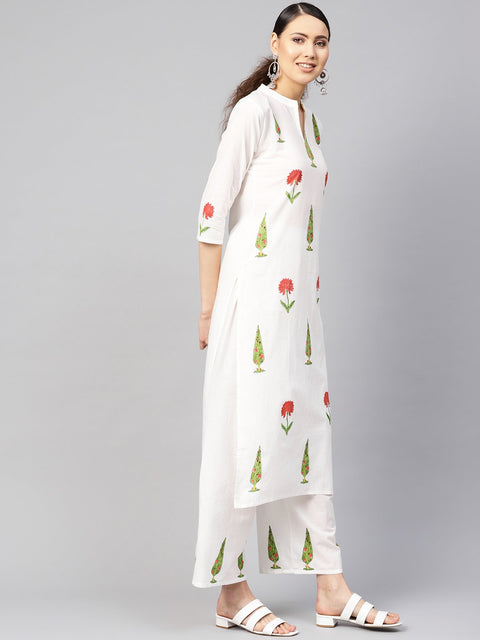Women White & Green Printed Kurta with Palazzos