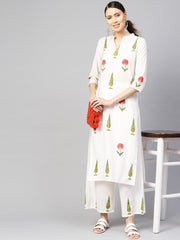 Women White & Green Printed Kurta with Palazzos