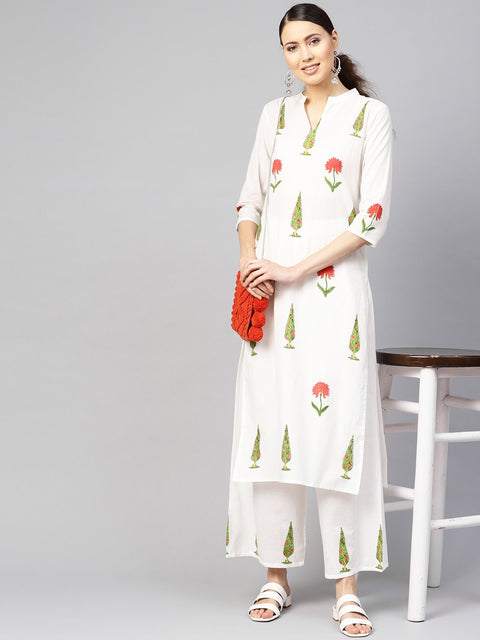 Women White & Green Printed Kurta with Palazzos