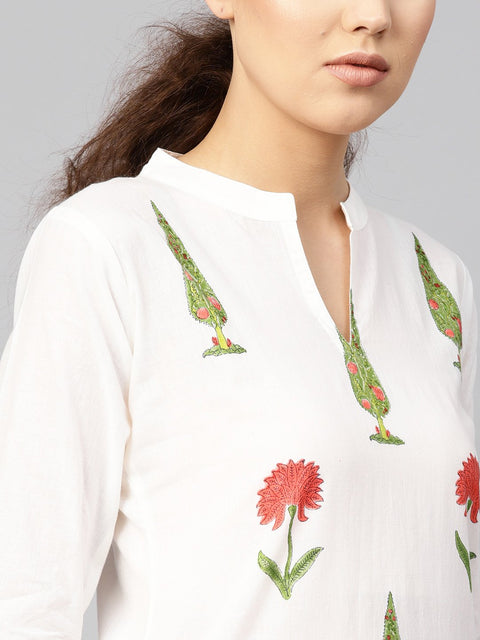 Women White & Green Printed Kurta with Palazzos