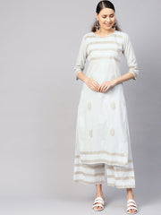 Women Grey & Golden Block Print Kurta with Palazzos