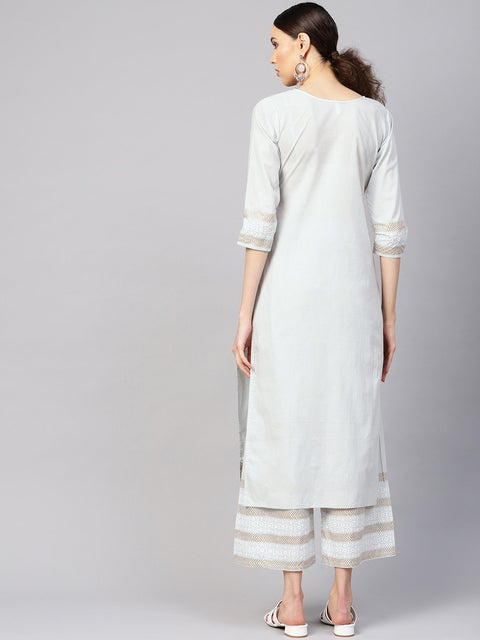 Women Grey & Golden Block Print Kurta with Palazzos