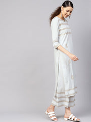 Women Grey & Golden Block Print Kurta with Palazzos