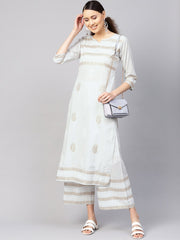 Women Grey & Golden Block Print Kurta with Palazzos
