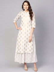 Women White & Golden Printed Kurta with Skirt