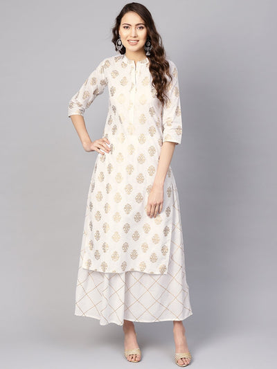 Women White & Golden Printed Kurta with Skirt