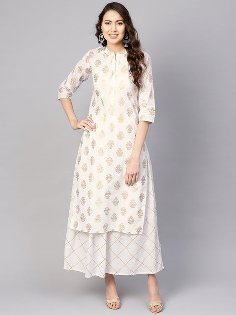 Women White & Golden Printed Kurta with Skirt