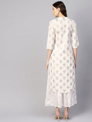 Women White & Golden Printed Kurta with Skirt