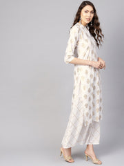 Women White & Golden Printed Kurta with Skirt