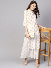Women White & Golden Printed Kurta with Skirt