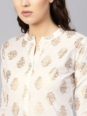 Women White & Golden Printed Kurta with Skirt