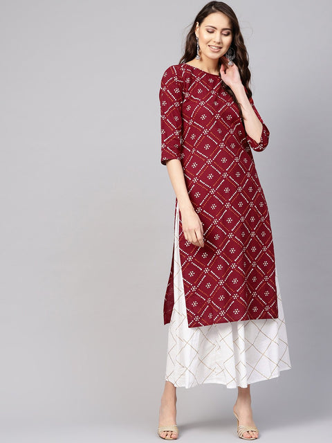 Women Maroon & White Bandhani Print Kurta with Skirt