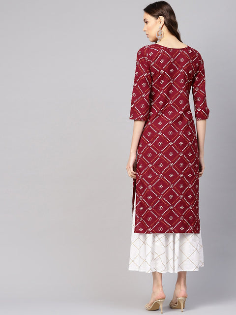 Women Maroon & White Bandhani Print Kurta with Skirt