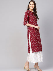 Women Maroon & White Bandhani Print Kurta with Skirt