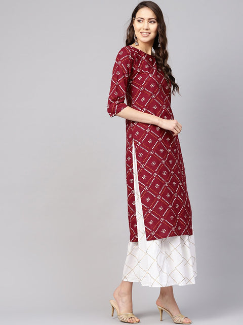 Women Maroon & White Bandhani Print Kurta with Skirt