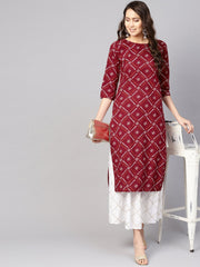 Women Maroon & White Bandhani Print Kurta with Skirt