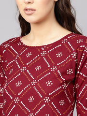 Women Maroon & White Bandhani Print Kurta with Skirt