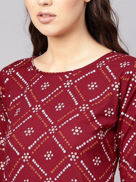 Women Maroon & White Bandhani Print Kurta with Skirt
