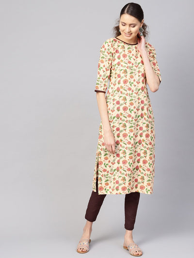 Women Cream-Coloured & Brown Printed Kurta with Trousers