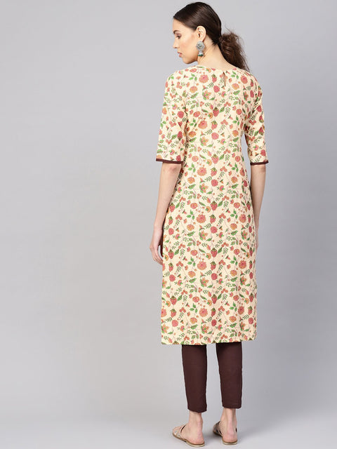 Women Cream-Coloured & Brown Printed Kurta with Trousers