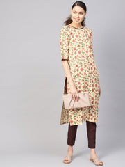 Women Cream-Coloured & Brown Printed Kurta with Trousers