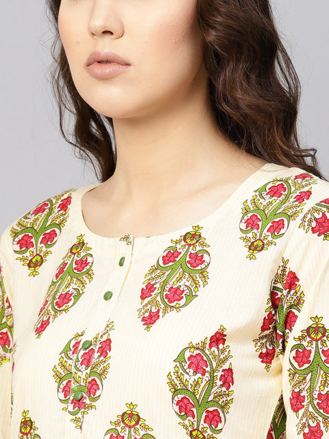 Women Off-White & Green Printed Midi Fit and Flare Dress