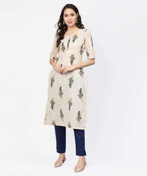 Women White Multi colored Printed Straight Kurta with Solid Navy blue Cigarette Pants