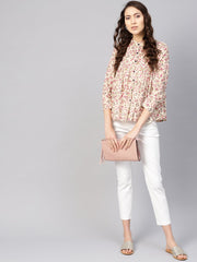 Women Beige & Pink Printed Shirt Style Top