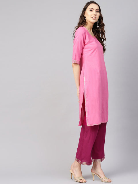 Women Pink Solid Kurta with Palazzos
