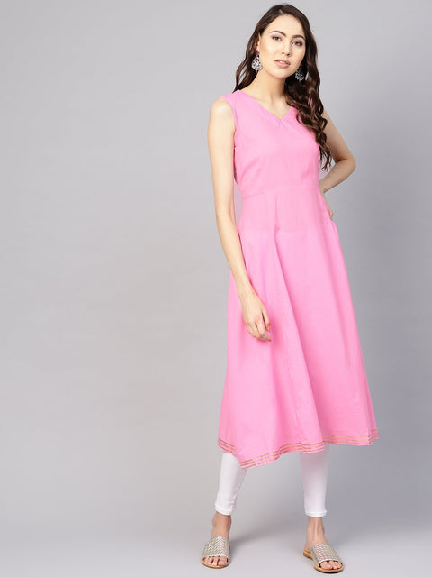Women Pink Solid A-Line Kurta