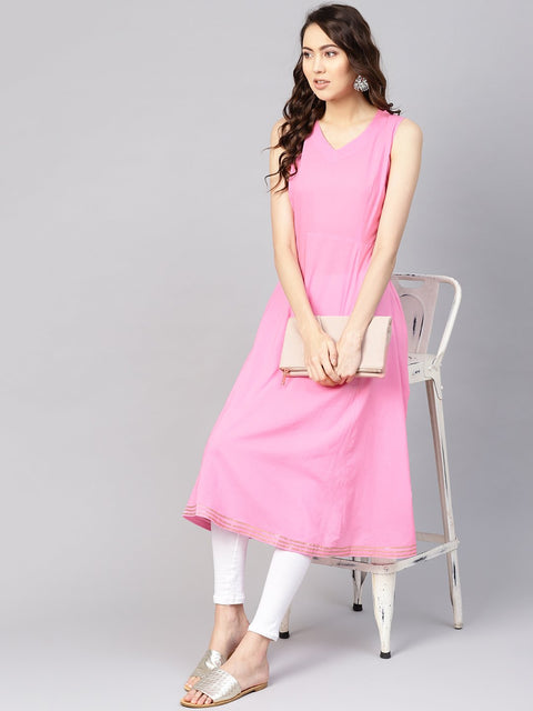 Women Pink Solid A-Line Kurta