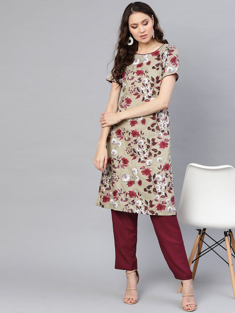 Women Grey & Burgundy Printed Kurta with Trousers