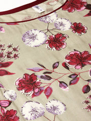 Women Grey & Burgundy Printed Kurta with Trousers