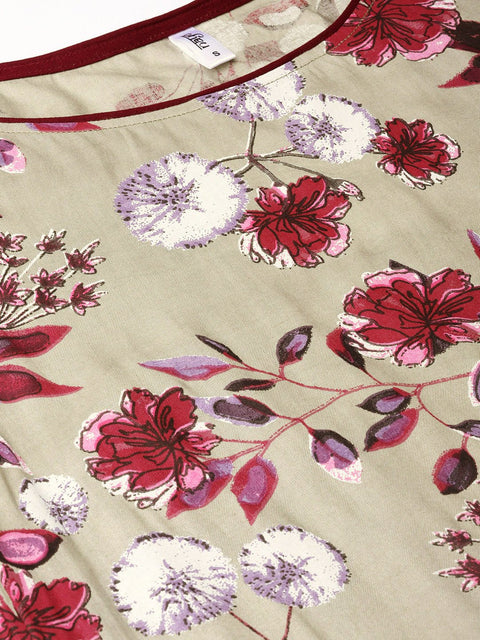 Women Grey & Burgundy Printed Kurta with Trousers