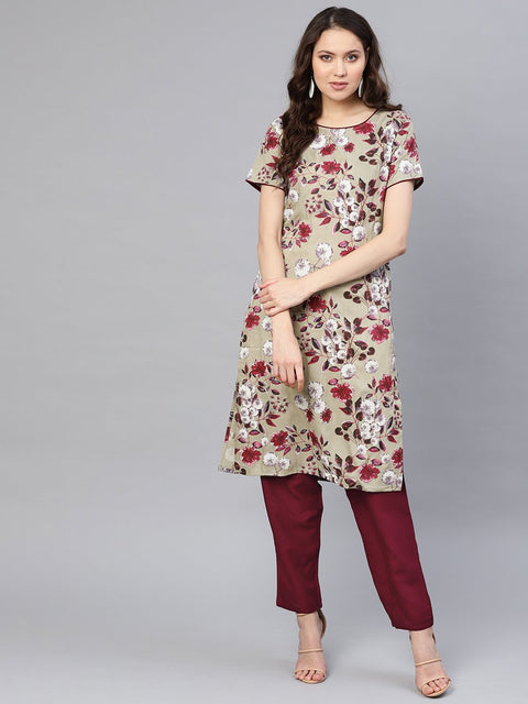 Women Grey & Burgundy Printed Kurta with Trousers