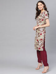 Women Grey & Burgundy Printed Kurta with Trousers
