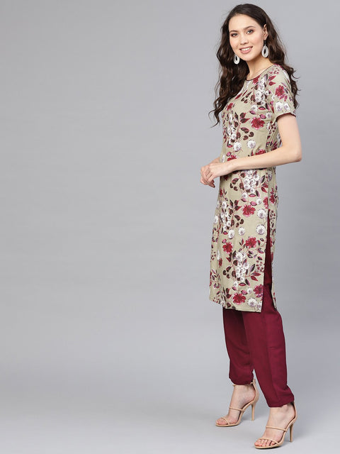 Women Grey & Burgundy Printed Kurta with Trousers