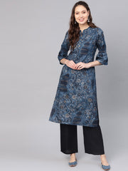 Women Navy Blue & Golden Printed Straight Kurta